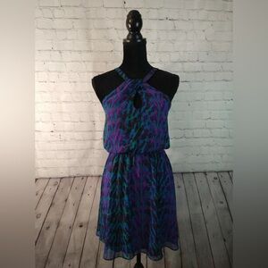 NWOT EXPRESS black/blue/purple/green animal print HALTER MINI dress - size M